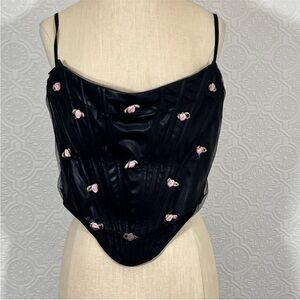 Black Satin Corset Top with Pink Rose Embroidery